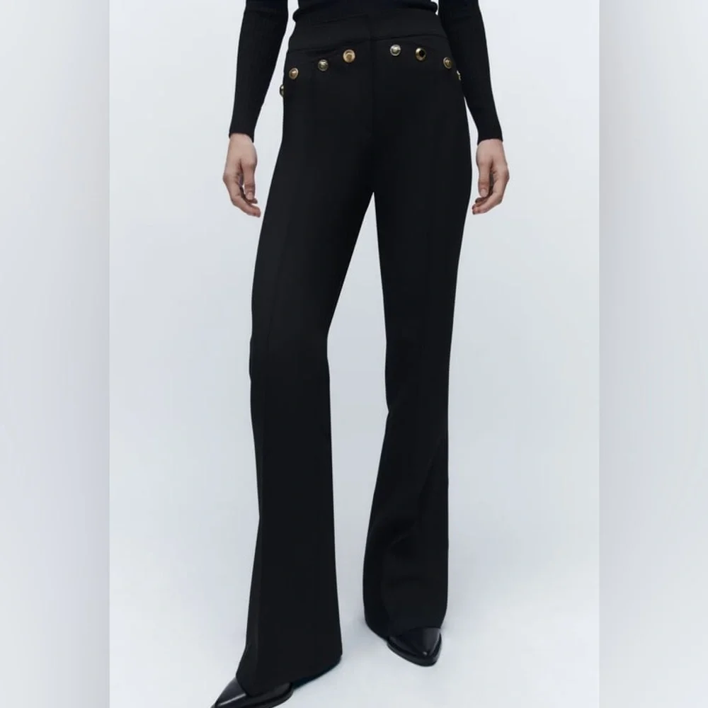 Zara Black Gold Button Detail Flared Pants - Picture 2 of 9